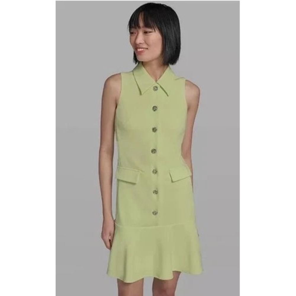 KARL LAGERFELD PARIS Women's Flower-Button Collared Sleeveless Shift Dress 14